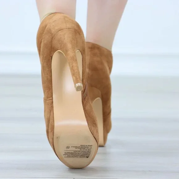 Tan High Heel Ankle Boots Platform Stilettos Faux Suede - Picture 13 of 15